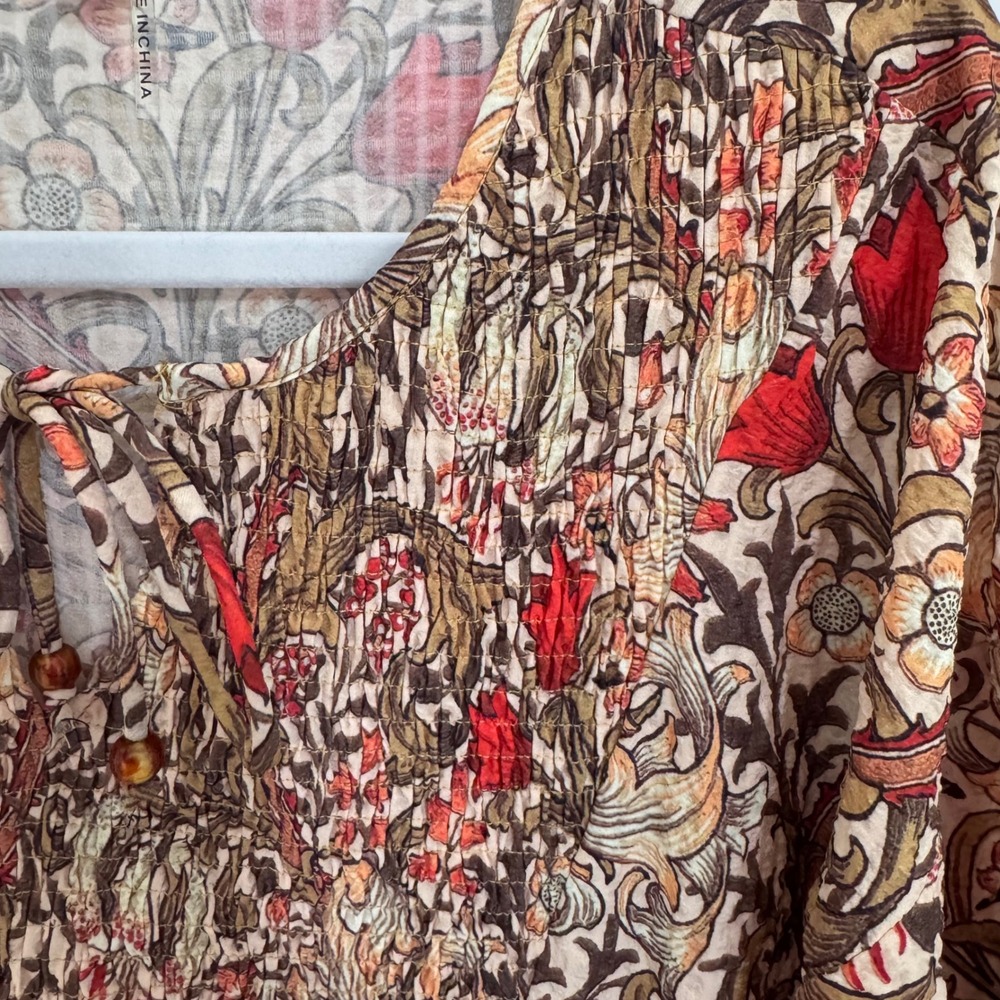 Entro Floral Smocked Mini Dress Long Sleeve Boho Tan Red Brown D21560 Womens M - Picture 6 of 9